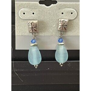 Asian Sterling Silver Sea Glass Aqua Blue Earrings Artisan Crafted Art To Wear